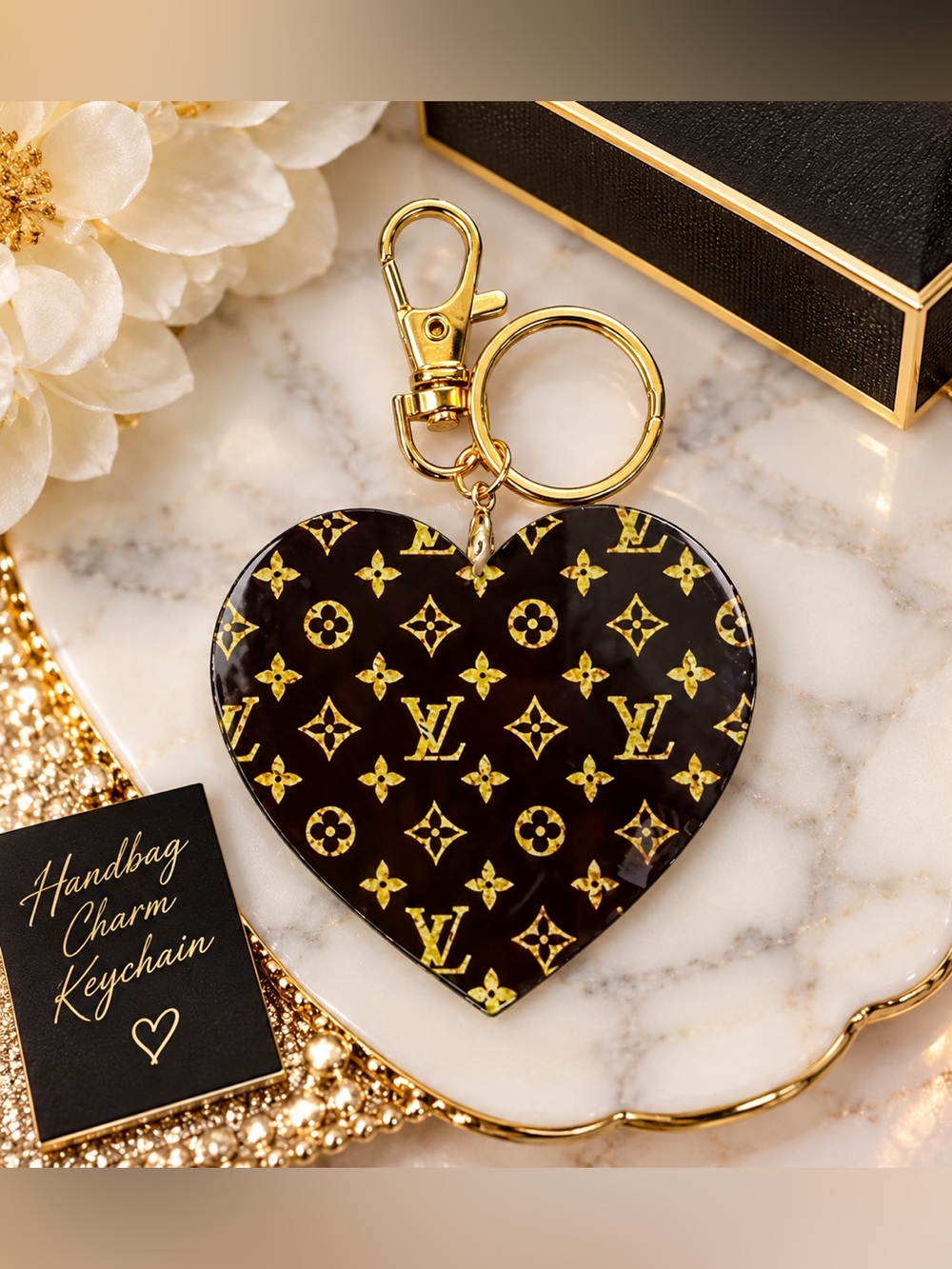 Handcrafted Brown & Gold Heart Fashion Bag Charm Keychain